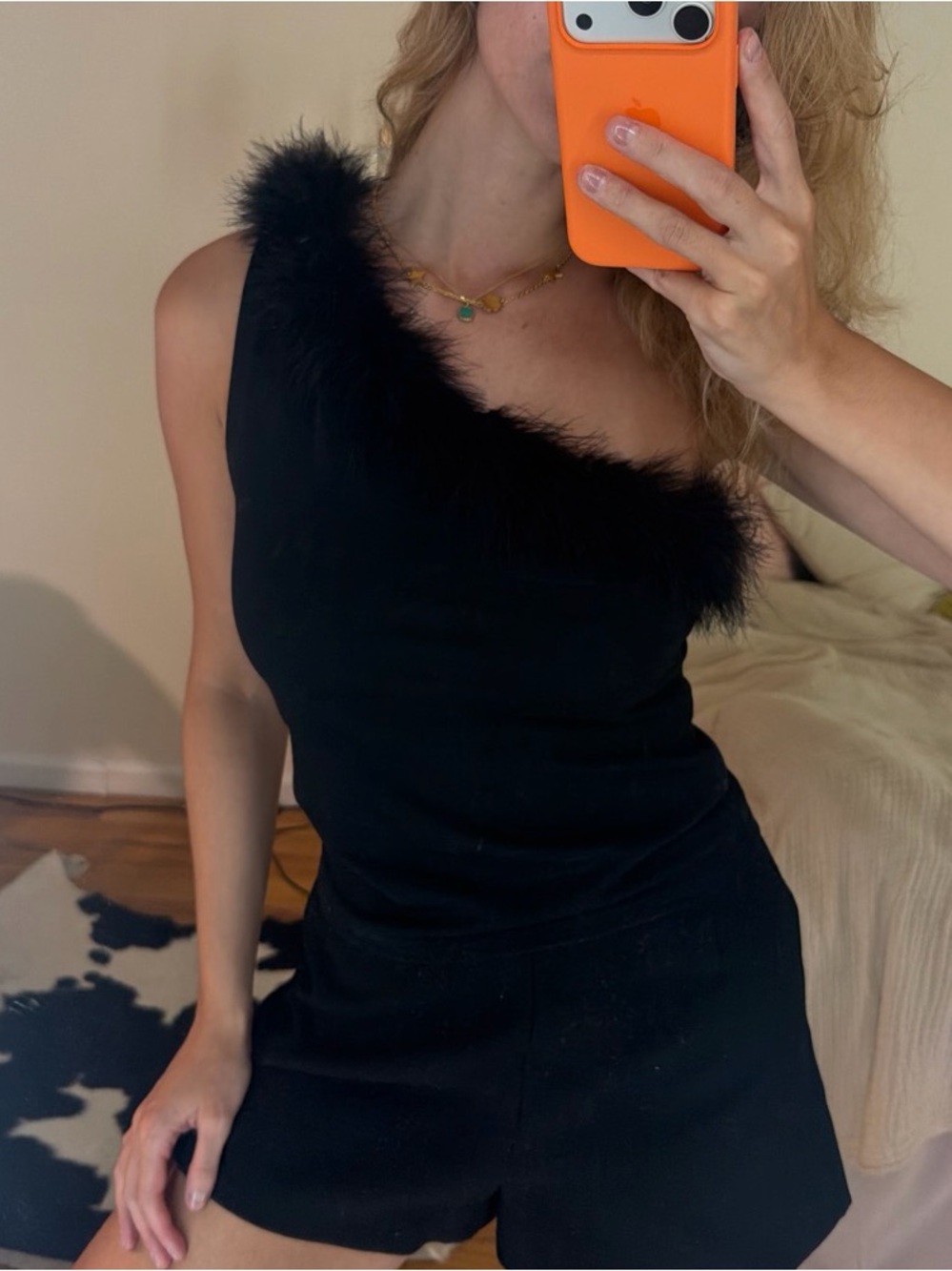 Black One-Shoulder Feather Trim Tank Top